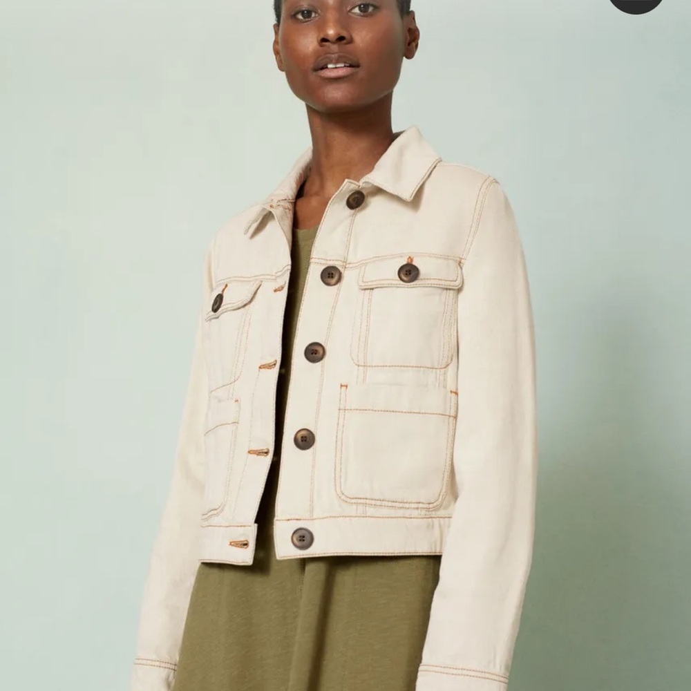 Me+Em crop stitch detail denim jacket in color ecru/tobacco size 12UK (8US)